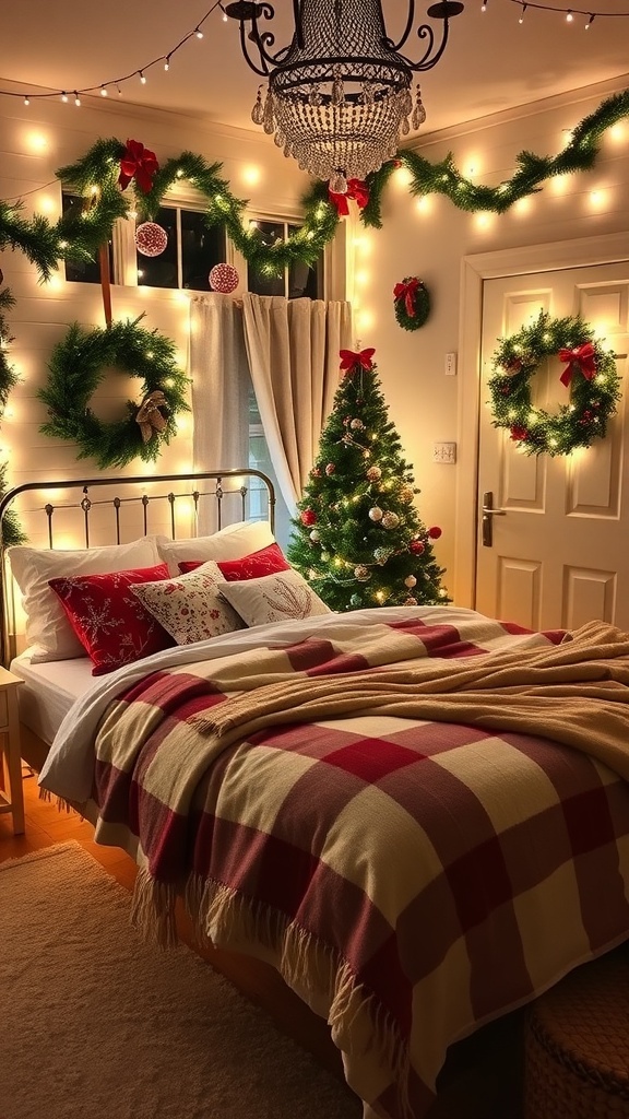 A cozy Christmas bedroom with festive bedding, lights, and decorations.